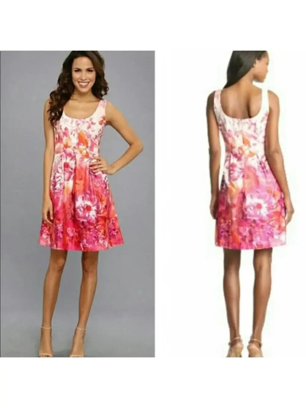 Nine West Fit and Flare Pink Floral Spring Dress sz 6